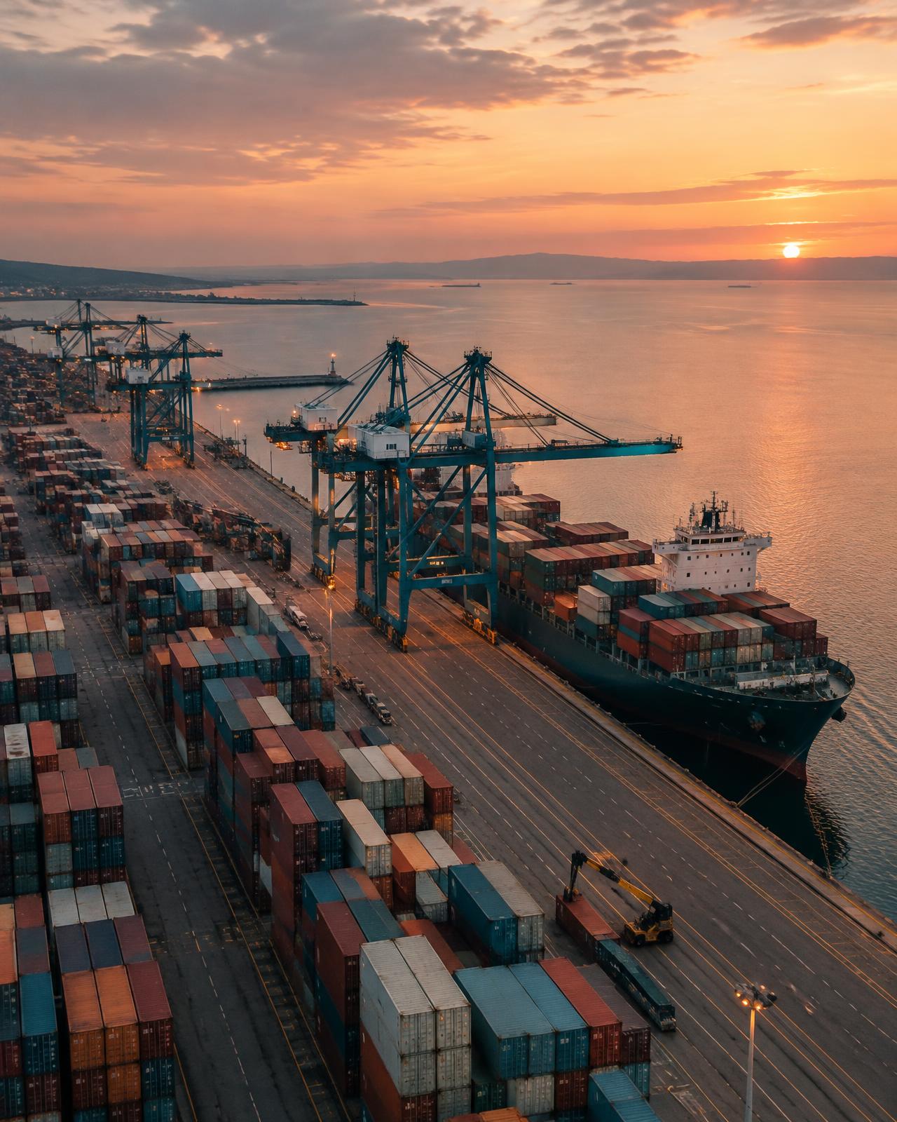Container port at dusk